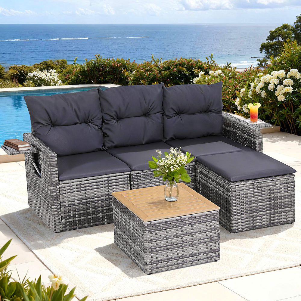 5 Pieces Outdoor Sofa Set 4-Seater Grey Rattan Patio Furniture Table and Chair Setting-1