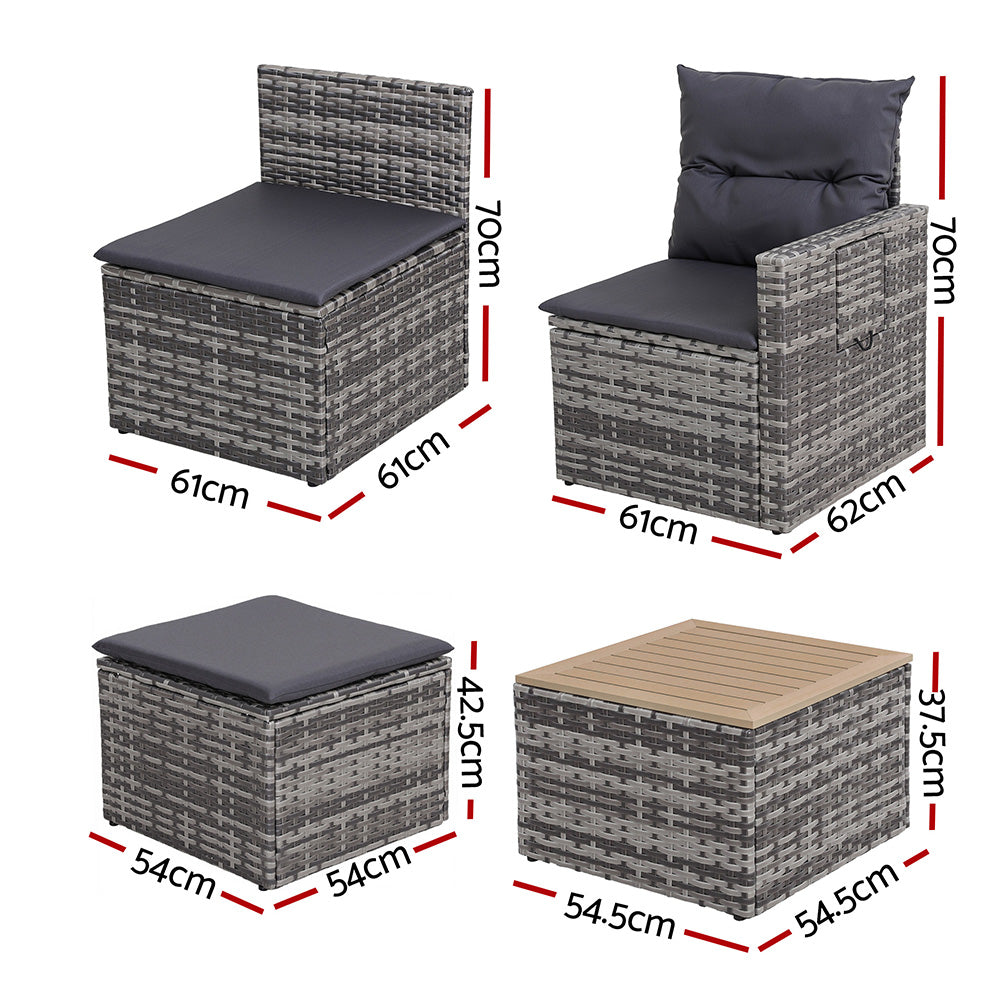 5 Pieces Outdoor Sofa Set 4-Seater Grey Rattan Patio Furniture Table and Chair Setting-3