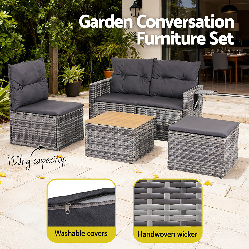5 Pieces Outdoor Sofa Set 4-Seater Grey Rattan Patio Furniture Table and Chair Setting-5