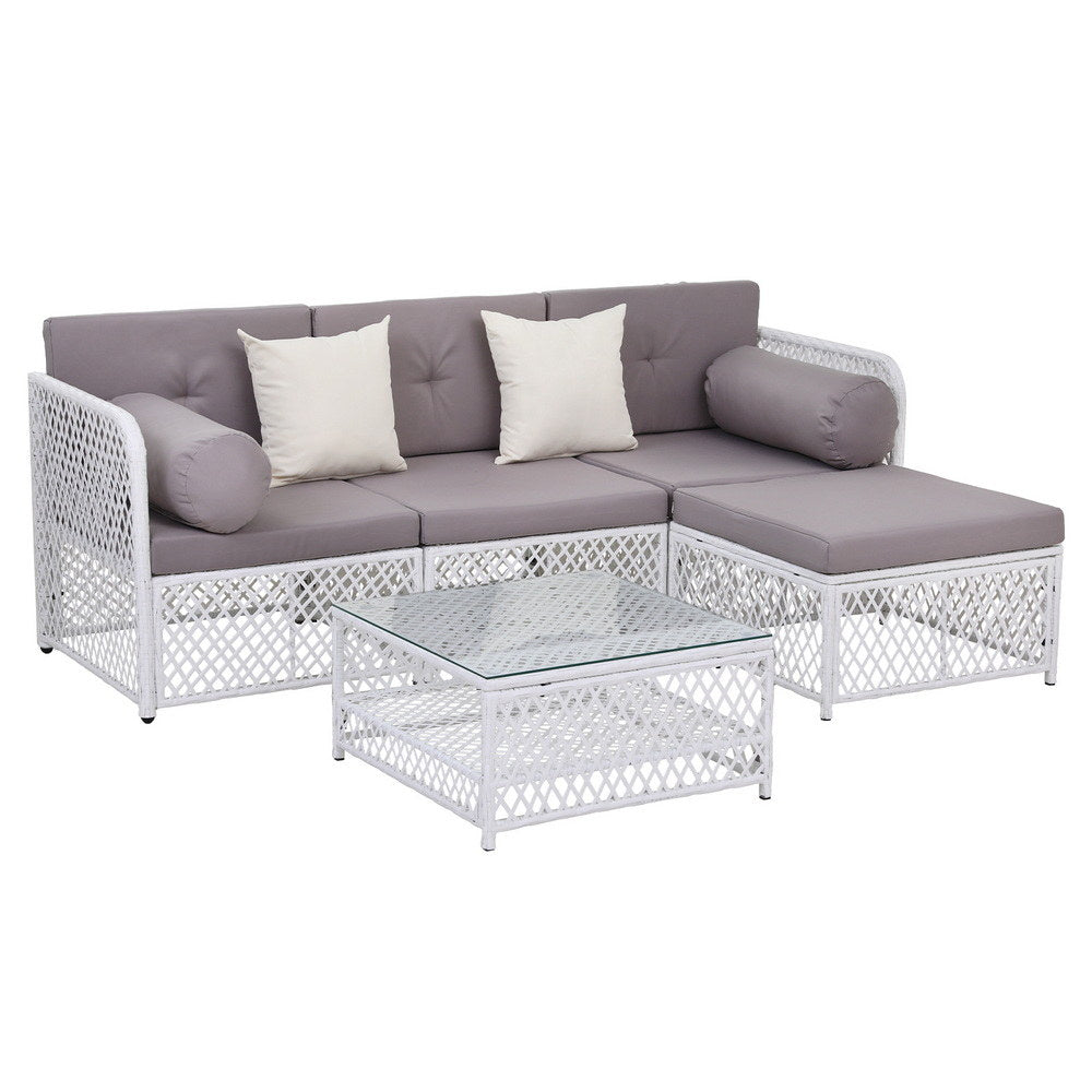 4 Seater Outdoor Sofa Set 5PCS Table Chair Set Garden Patio Furniture with white wicker frame and gray cushions