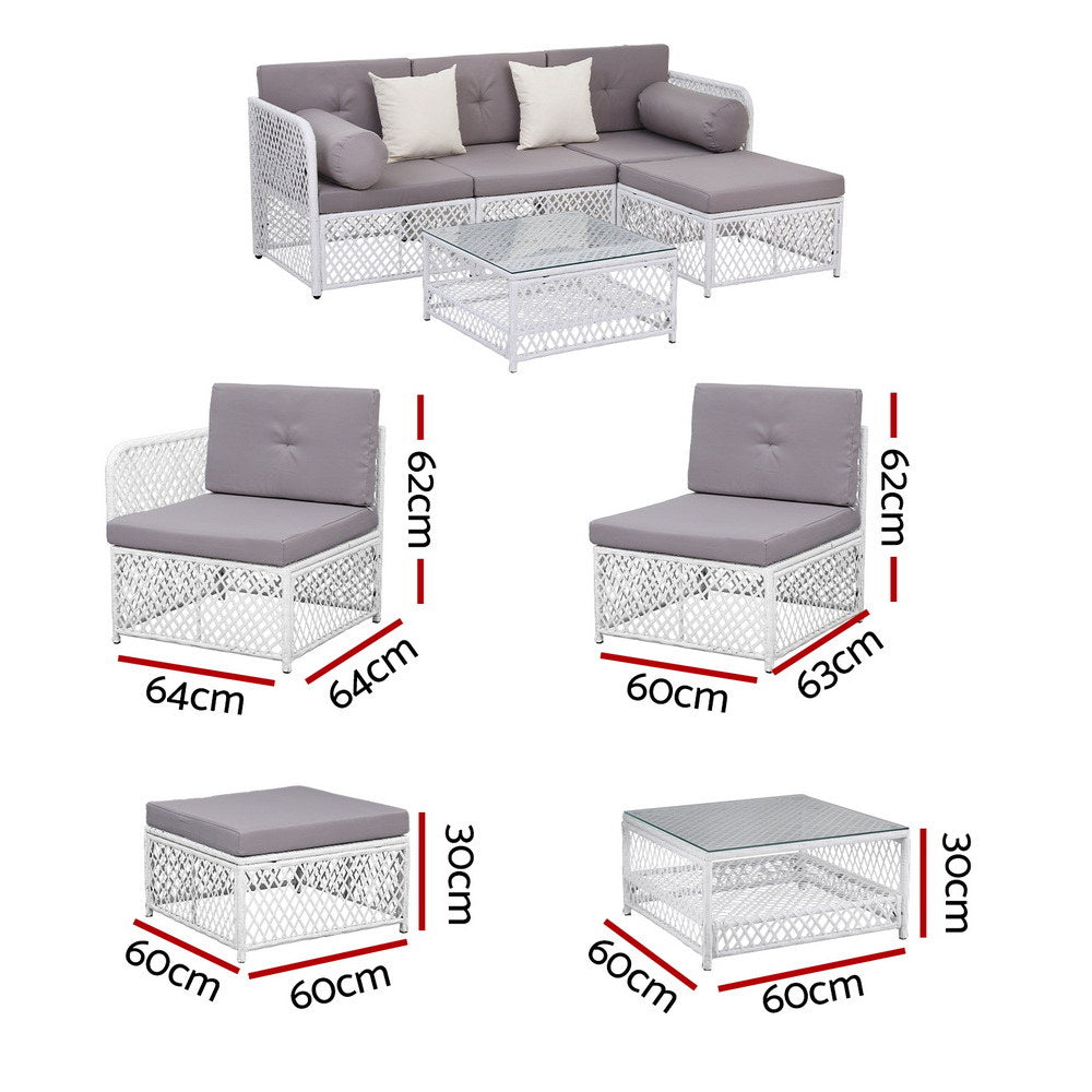 4 Seater Outdoor Sofa Set 5PCS Table Chair Set Garden Patio Furniture with white rattan frame and gray cushions