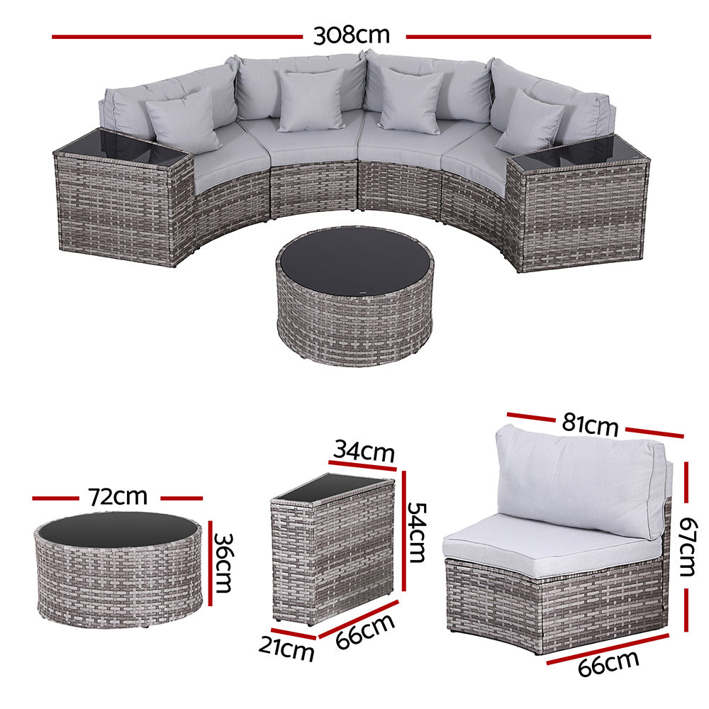 4 Seater Outdoor Sofa Set 7PCS Table Chair Set Garden Rattan Patio Furniture with gray cushions and glass tables