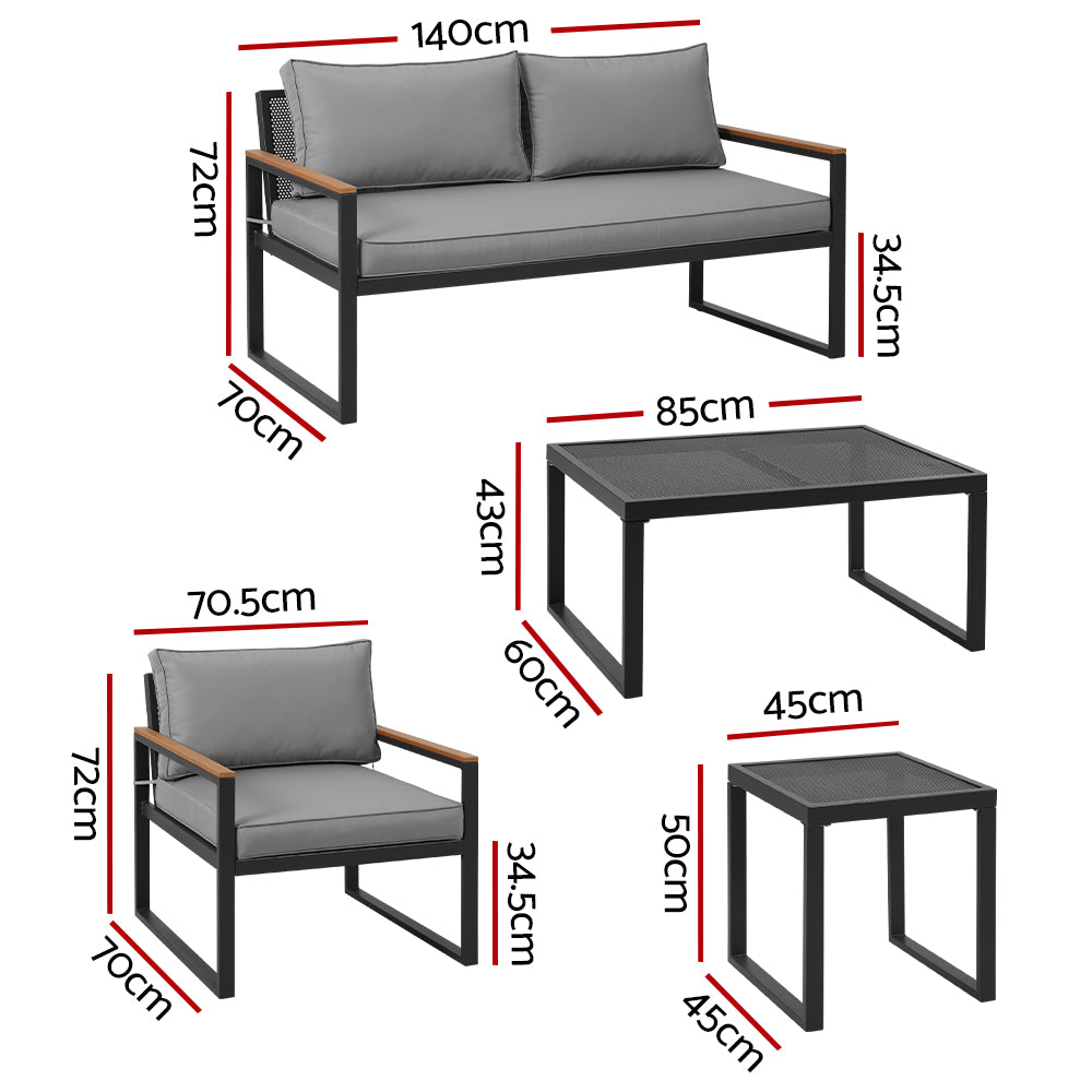 3 Seater Corner Steel Modular Lounge Setting with gray cushions, steel frame, and wooden armrests, including tables and measurements