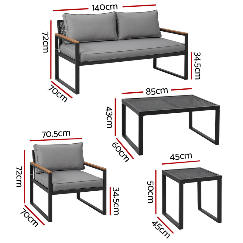 3 Seater Corner Steel Modular Lounge Setting with gray cushions, steel frame, and wooden armrests, including tables and measurements