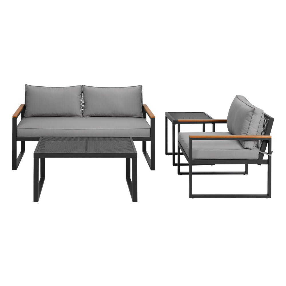 3 Seater Corner Steel Modular Lounge Setting with gray cushions, steel frame, wooden armrests, coffee and side tables.
