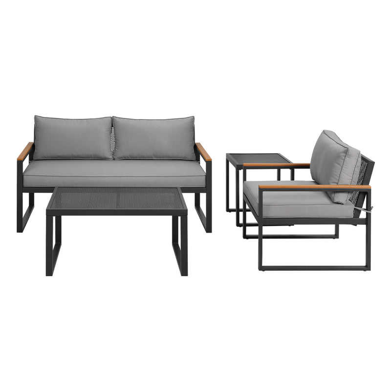 3 Seater Corner Steel Modular Lounge Setting with gray cushions, steel frame, wooden armrests, coffee and side tables.