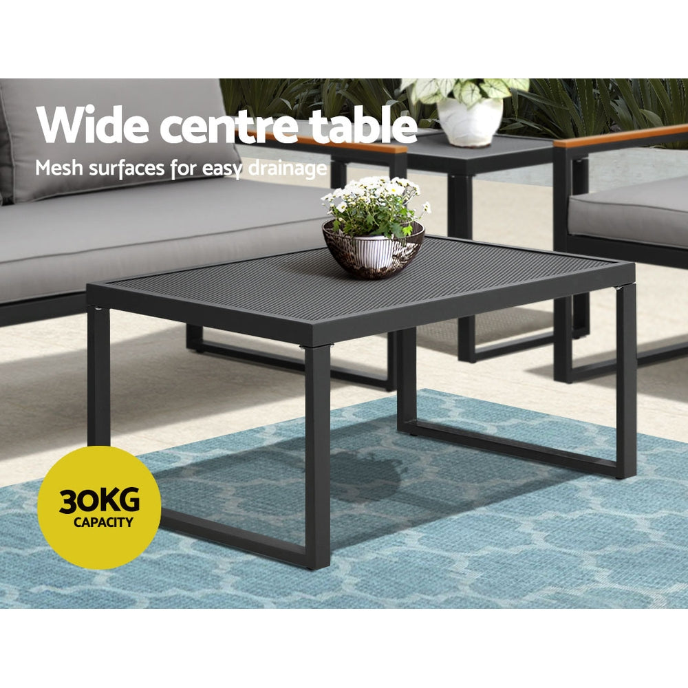 3 Seater Corner Steel Modular Lounge Setting with mesh-surfaced wide centre table, black steel frame on blue patterned rug