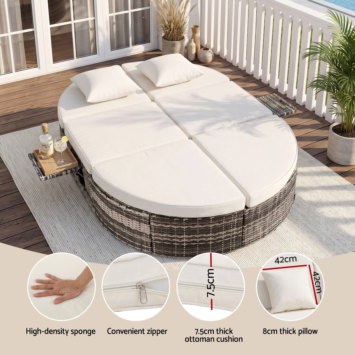 Outdoor Day Bed Sun Lounge with Retractable Side Tray Patio Furniture