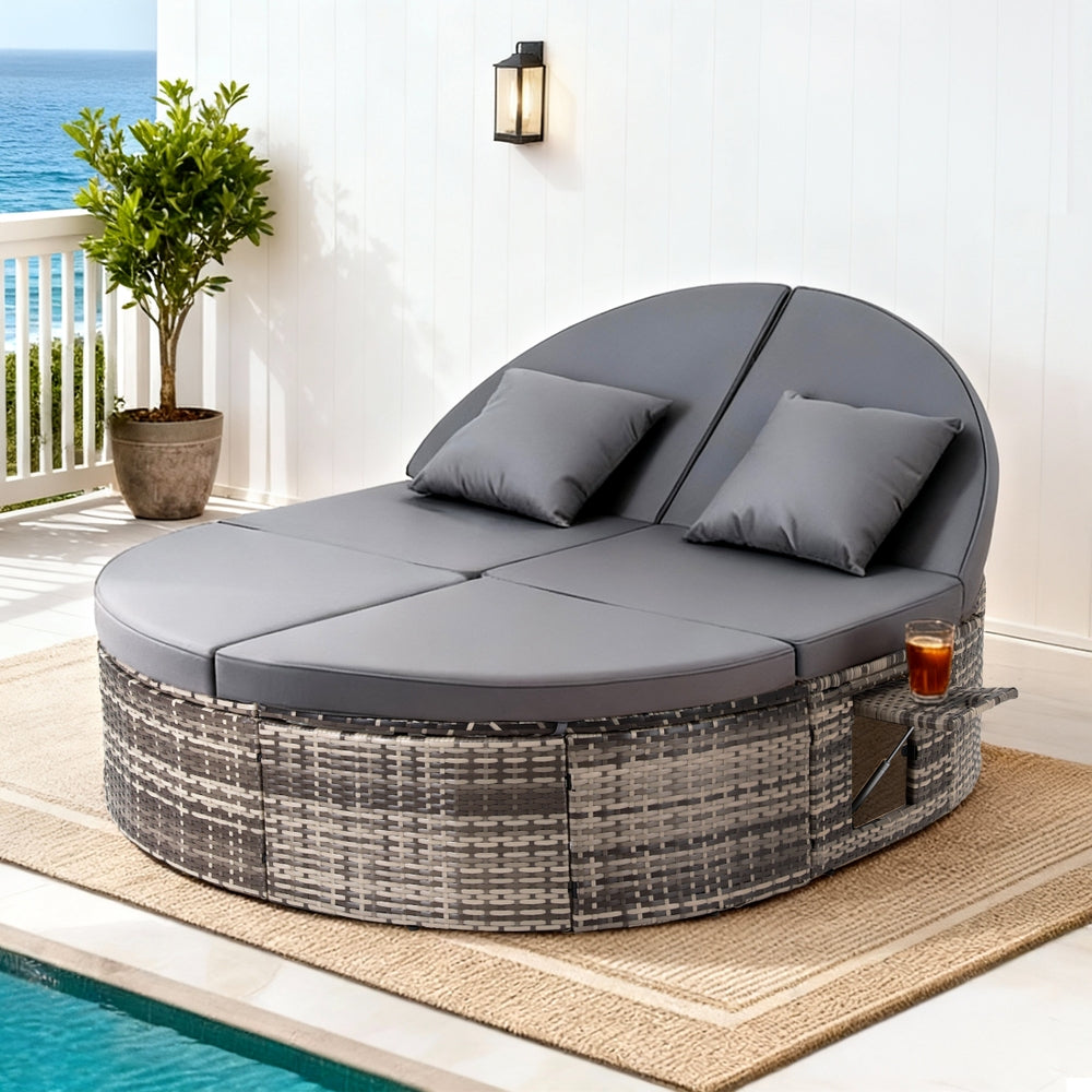 Outdoor Day Bed Sun Lounge Setting Wicker Lounger Patio Furniture w/ Retractable Side Tray in gray cushions by poolside