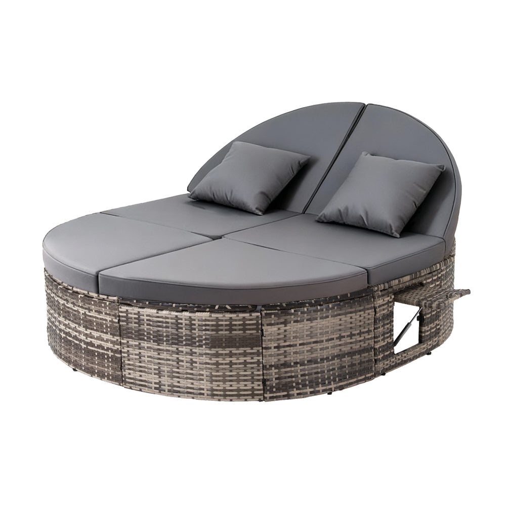 Outdoor Day Bed Sun Lounge Setting Wicker Lounger Patio Furniture w/ Retractable Side Tray in gray with cushions and adjustable backrests