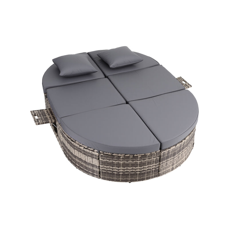 Outdoor Day Bed Sun Lounge Setting Wicker Lounger Patio Furniture w/ Retractable Side Tray in gray cushions and wicker frame