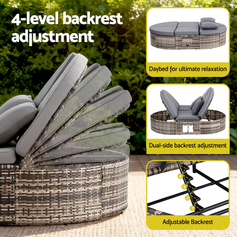 Outdoor Day Bed Sun Lounge Setting Wicker Lounger Patio Furniture w/ Retractable Side Tray showing adjustable 4-level backrest mechanism