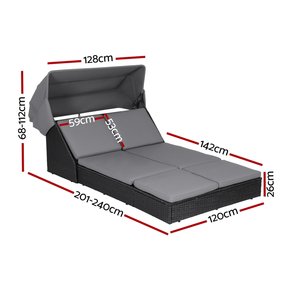Outdoor Day Bed Sun Lounge Setting Wicker Lounger Patio Furniture with adjustable canopy and gray cushions on black wicker frame