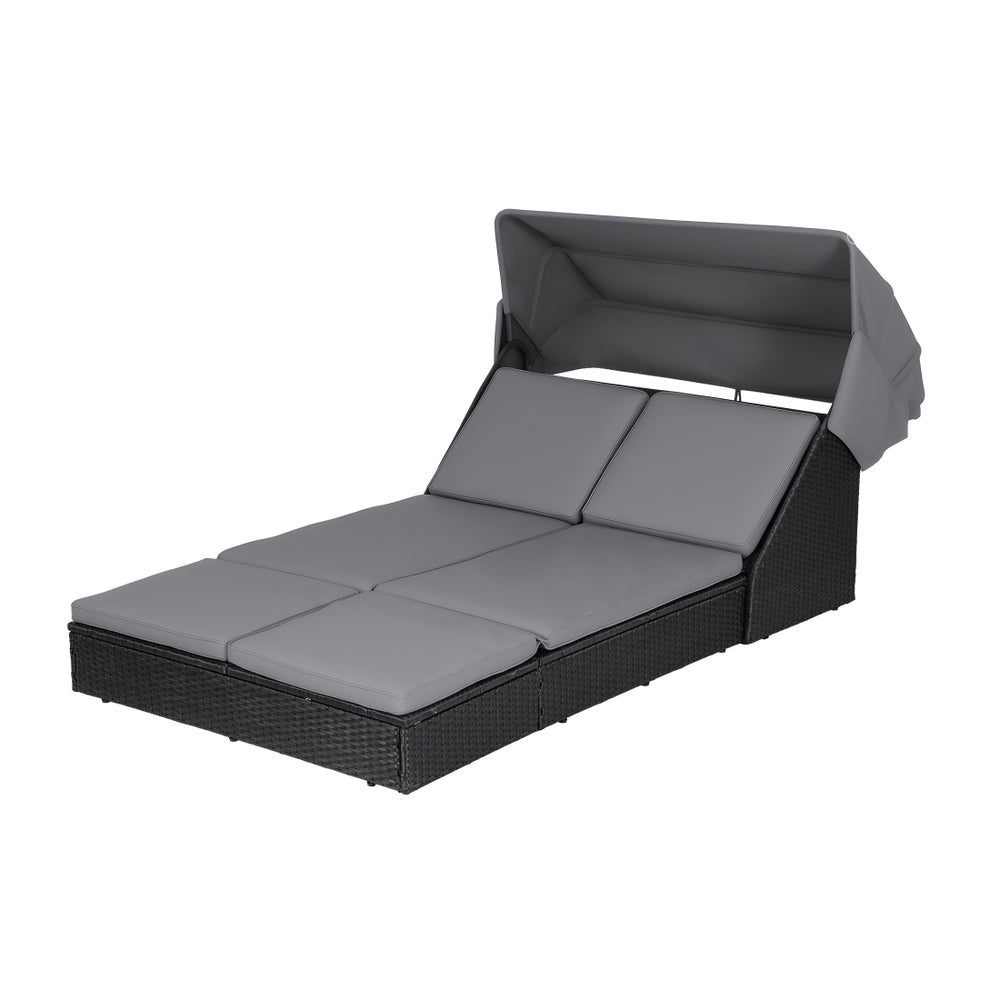 Outdoor Day Bed Sun Lounge Setting Wicker Lounger Patio Furniture with adjustable canopy and gray cushions on wicker frame