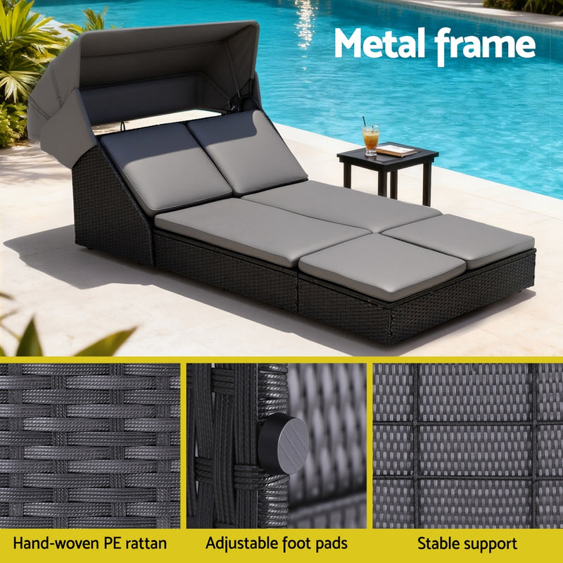 Outdoor Day Bed Sun Lounge Setting Wicker Lounger Patio Furniture with metal frame, adjustable cushions, and hand-woven PE rattan.