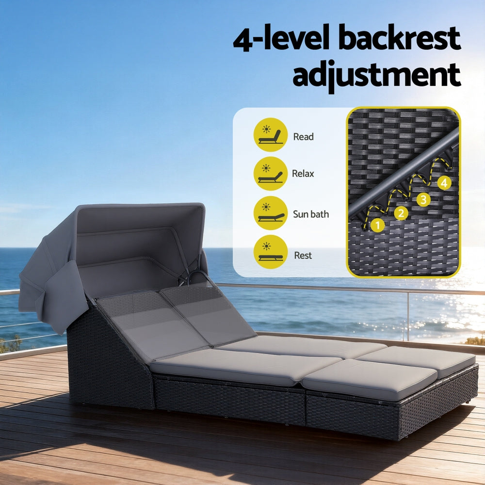 Outdoor Day Bed Sun Lounge Setting Wicker Lounger Patio Furniture with 4-level adjustable backrest on wooden deck by ocean