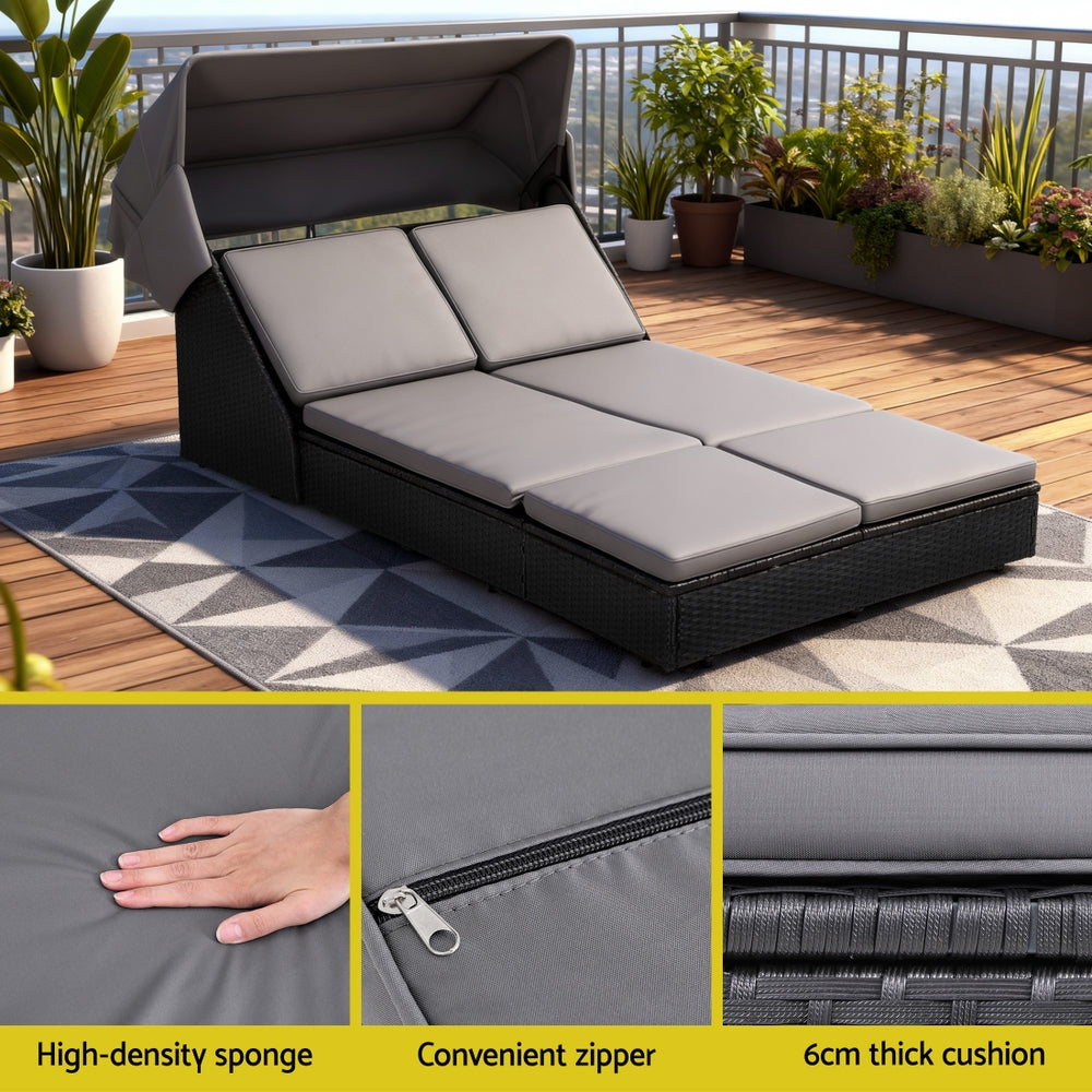 Outdoor Day Bed Sun Lounge Setting Wicker Lounger Patio Furniture with gray cushions and adjustable canopy on deck