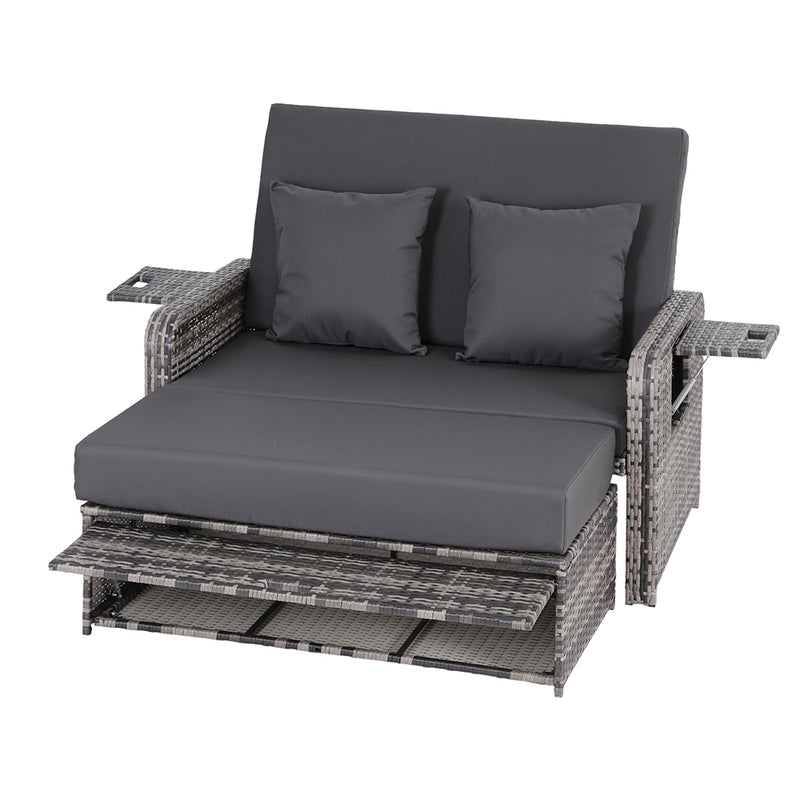 Outdoor Day Bed Sun Lounge Setting Wicker Lounger Patio Furniture Grey with adjustable backrest and two cushions on white background