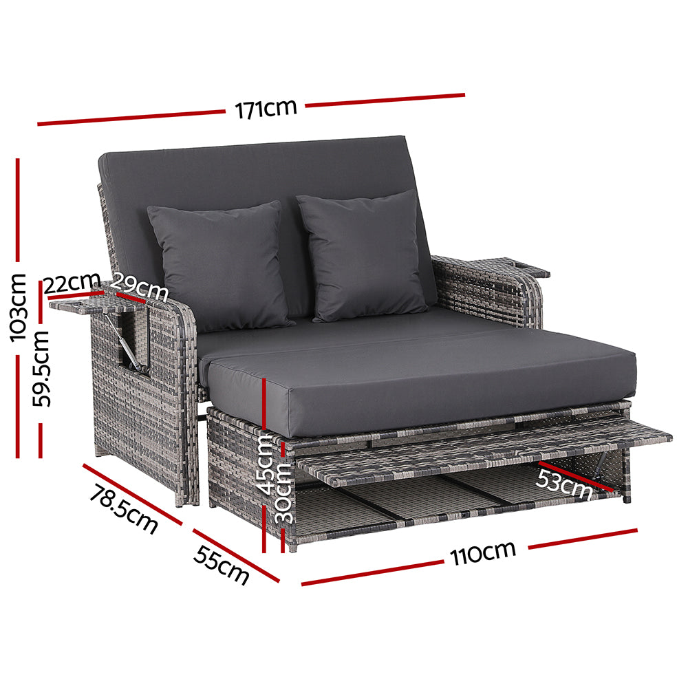 Outdoor Day Bed Sun Lounge Setting Wicker Lounger Patio Furniture Grey with adjustable backrest and cushions shown with dimensions