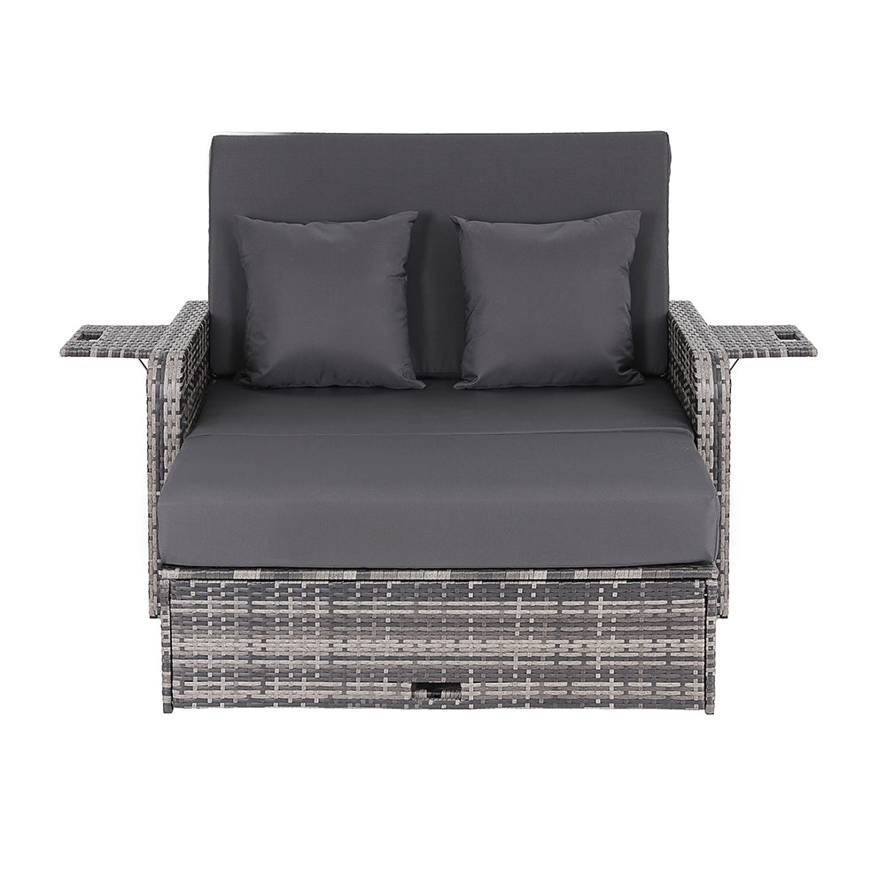 Outdoor Day Bed Sun Lounge Setting Wicker Lounger Patio Furniture Grey with adjustable backrest and two cushions