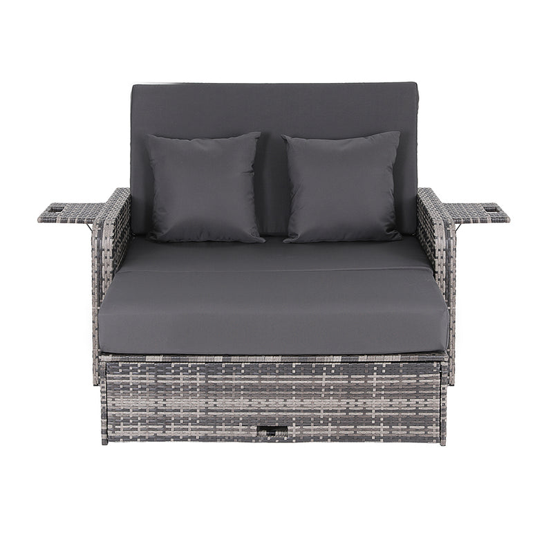 Outdoor Day Bed Sun Lounge Setting Wicker Lounger Patio Furniture Grey with adjustable backrest and two cushions