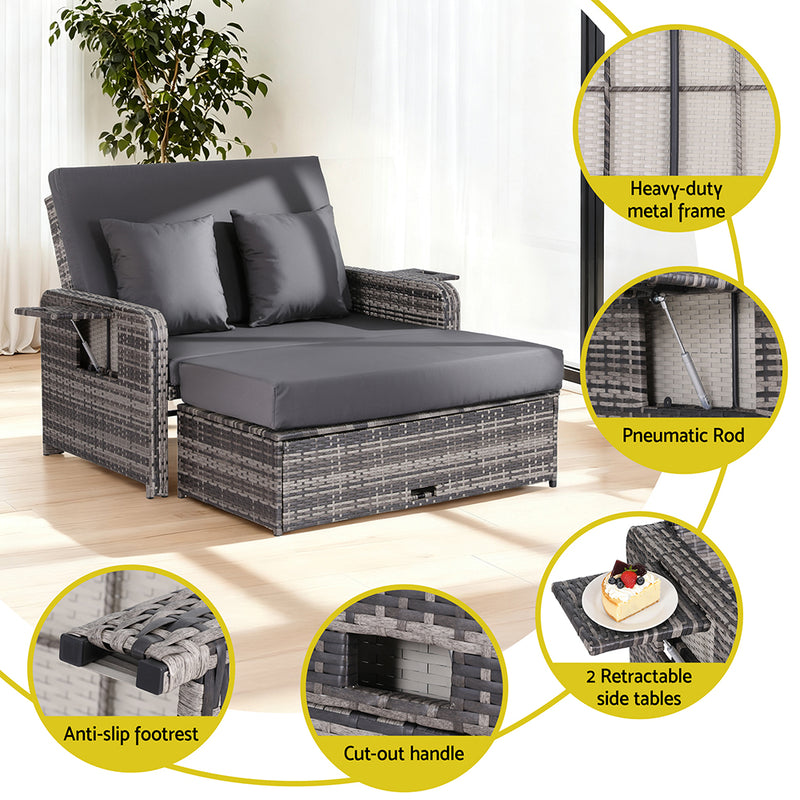 Outdoor Day Bed Sun Lounge Setting Wicker Lounger Patio Furniture Grey with adjustable backrest and cushions in bright room