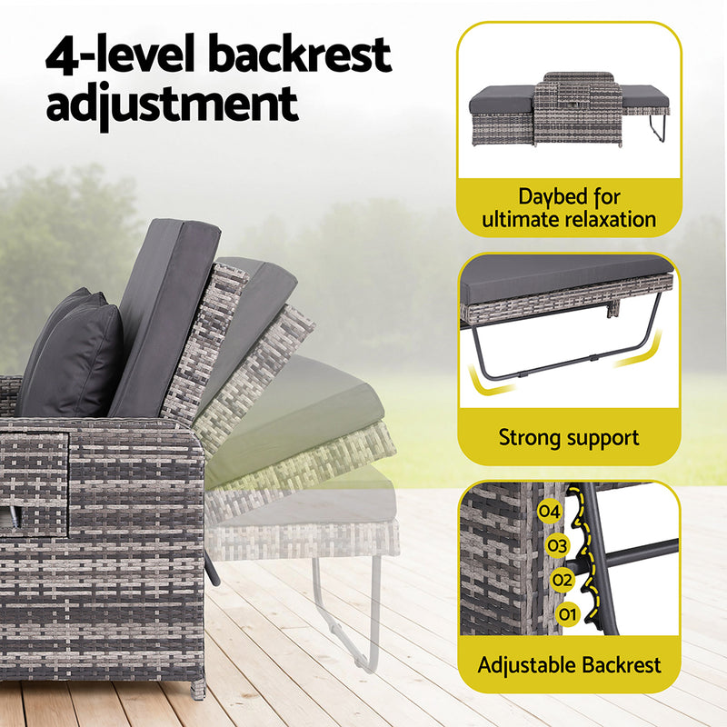Outdoor Day Bed Sun Lounge Setting Wicker Lounger Patio Furniture Grey with adjustable 4-level backrest for versatile outdoor comfort