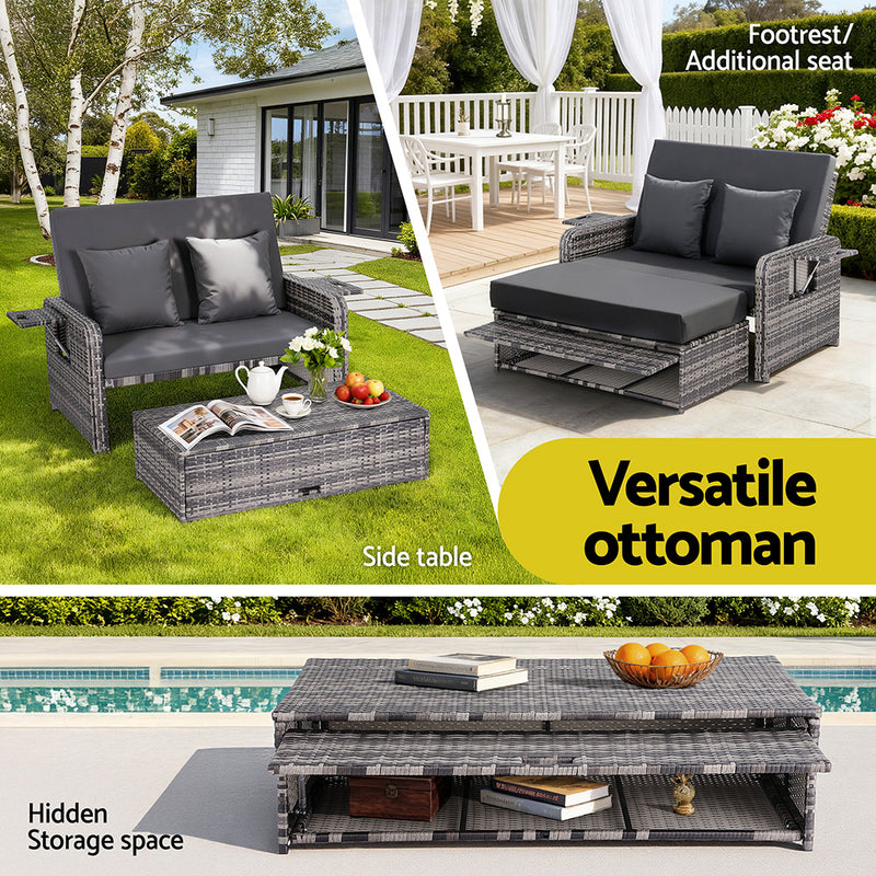 Outdoor Day Bed Sun Lounge Setting Wicker Lounger Patio Furniture Grey with adjustable backrest and versatile ottoman side table