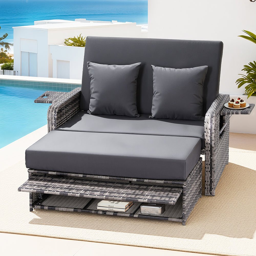 Outdoor Day Bed Sun Lounge Setting Wicker Lounger Patio Furniture Grey with cushions and side tray by poolside