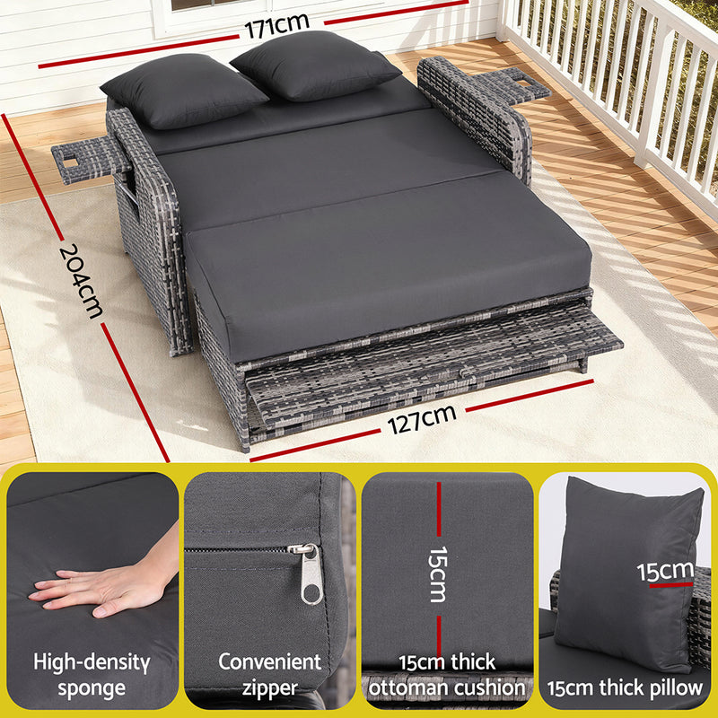Outdoor Day Bed Sun Lounge Setting Wicker Lounger Patio Furniture Grey with cushions and adjustable backrest on patio deck