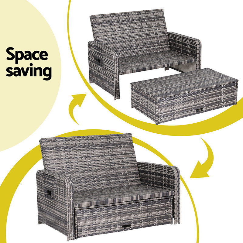 Outdoor Day Bed Sun Lounge Setting Wicker Lounger Patio Furniture Grey shown in compact and expanded space-saving configurations