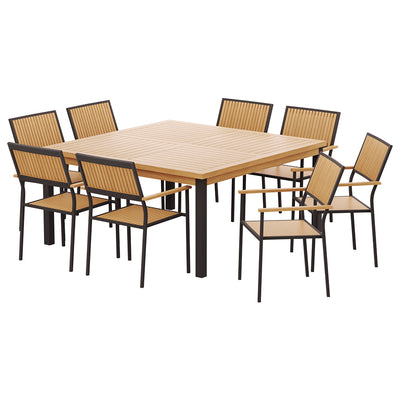 Outdoor Dining Set 9 Piece Wooden Table Chairs Setting with Acacia wood slats and black metal frame on white background