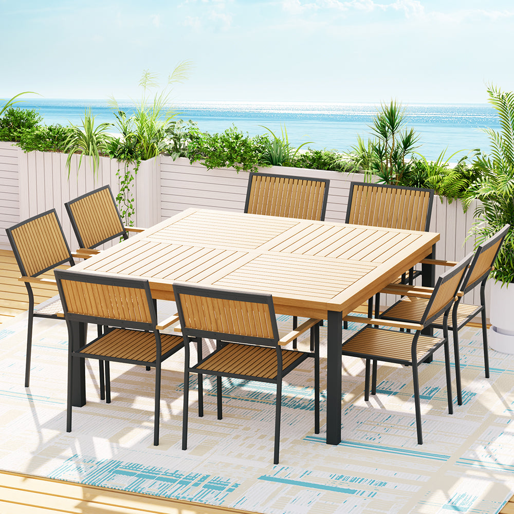 Outdoor Dining Set 9 Piece Wooden Table Chairs Setting with Acacia wood slats and black metal frame on outdoor patio