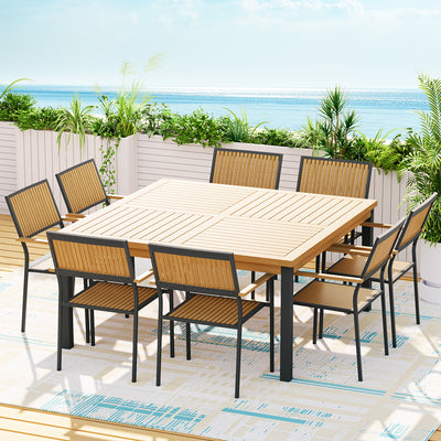 Outdoor Dining Set 9 Piece Wooden Table Chairs Setting with Acacia wood slats and black metal frame on outdoor patio