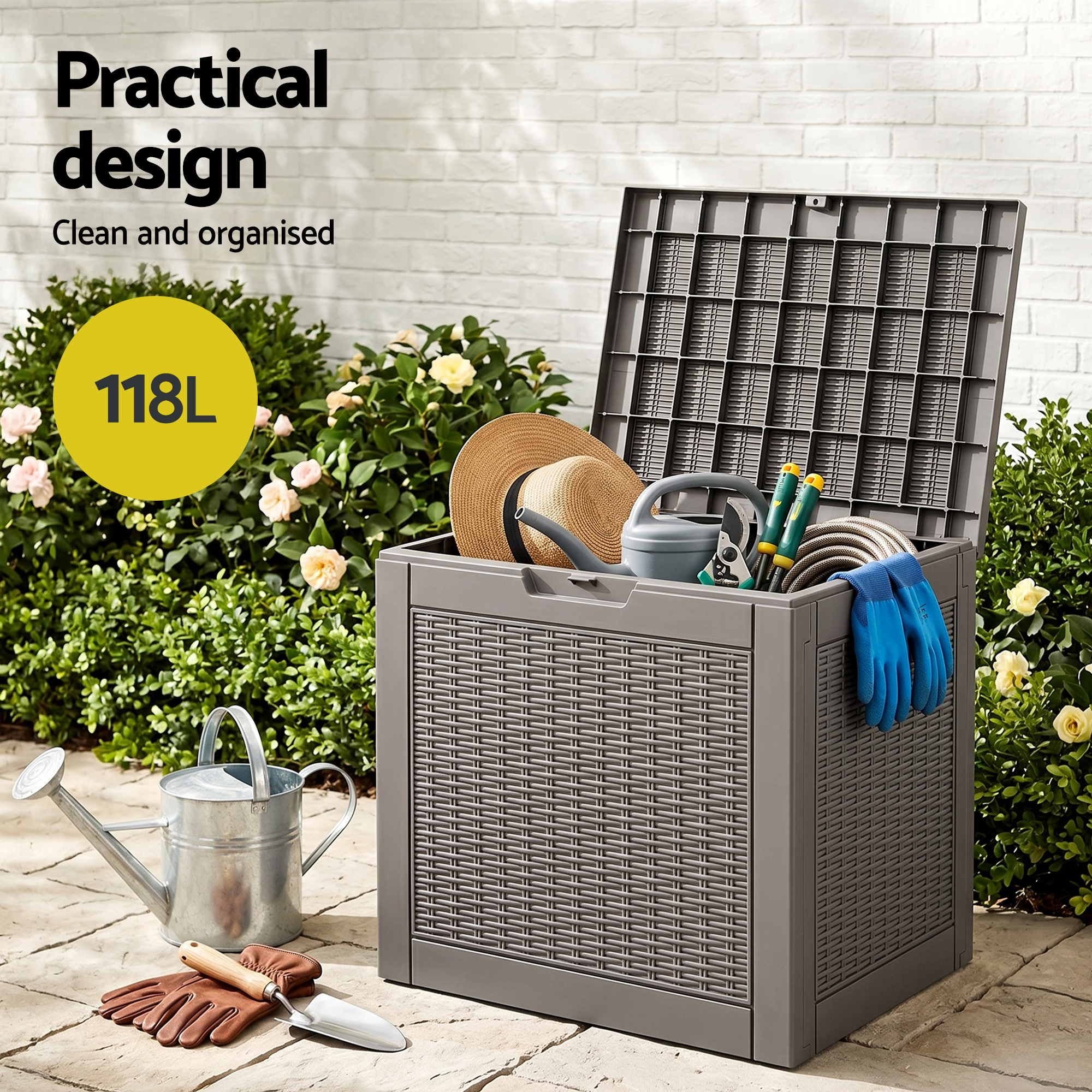 Outdoor Storage Box 118L Container Lockable Garden Toy Tool Rattan-Texture Brown