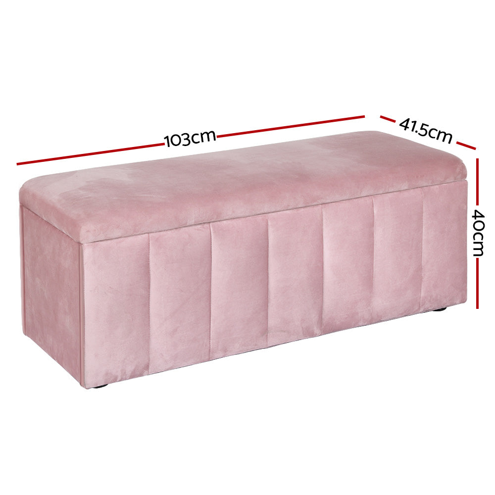Velvet Storage Ottoman Blanket Box 103cm - Pink with vertical stitching detail, upholstered in soft velvet fabric.