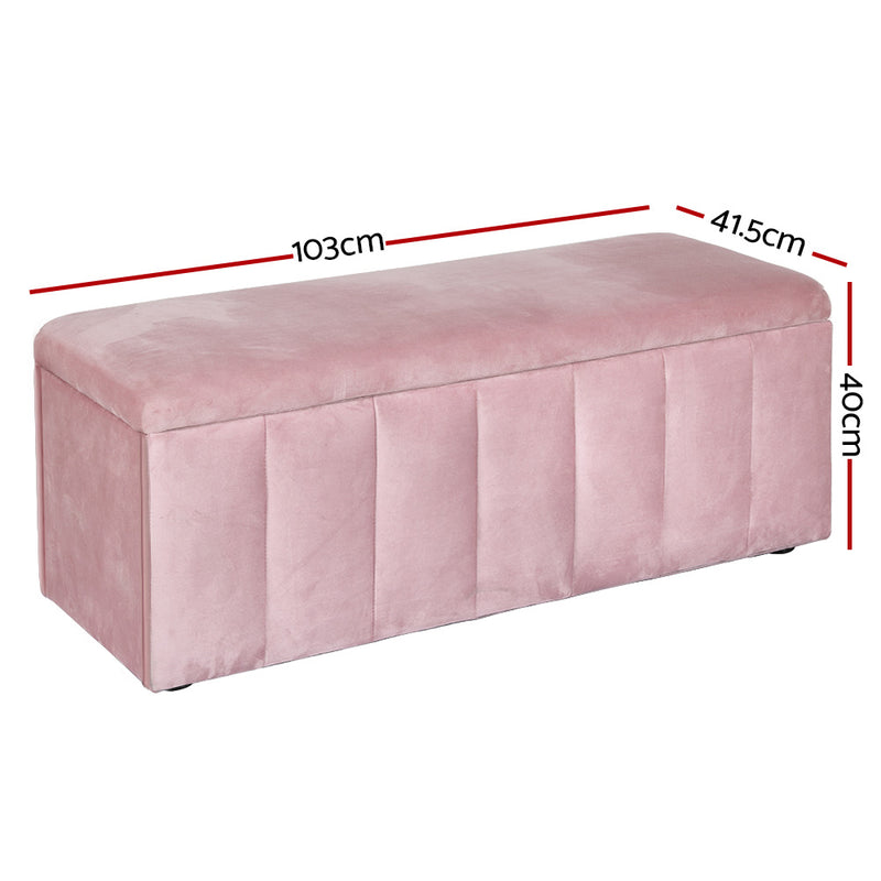 Velvet Storage Ottoman Blanket Box 103cm - Pink with vertical stitching detail, upholstered in soft velvet fabric.