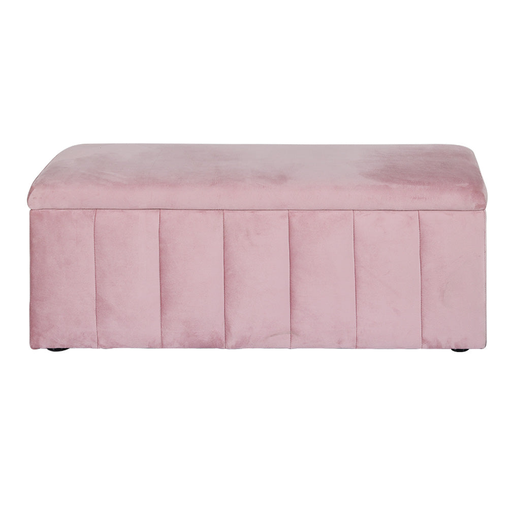 Velvet Storage Ottoman Blanket Box 103cm - Pink upholstered in soft velvet with vertical panel design for bedroom furniture storage.