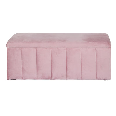 Velvet Storage Ottoman Blanket Box 103cm - Pink upholstered in soft velvet with vertical panel design for bedroom furniture storage.