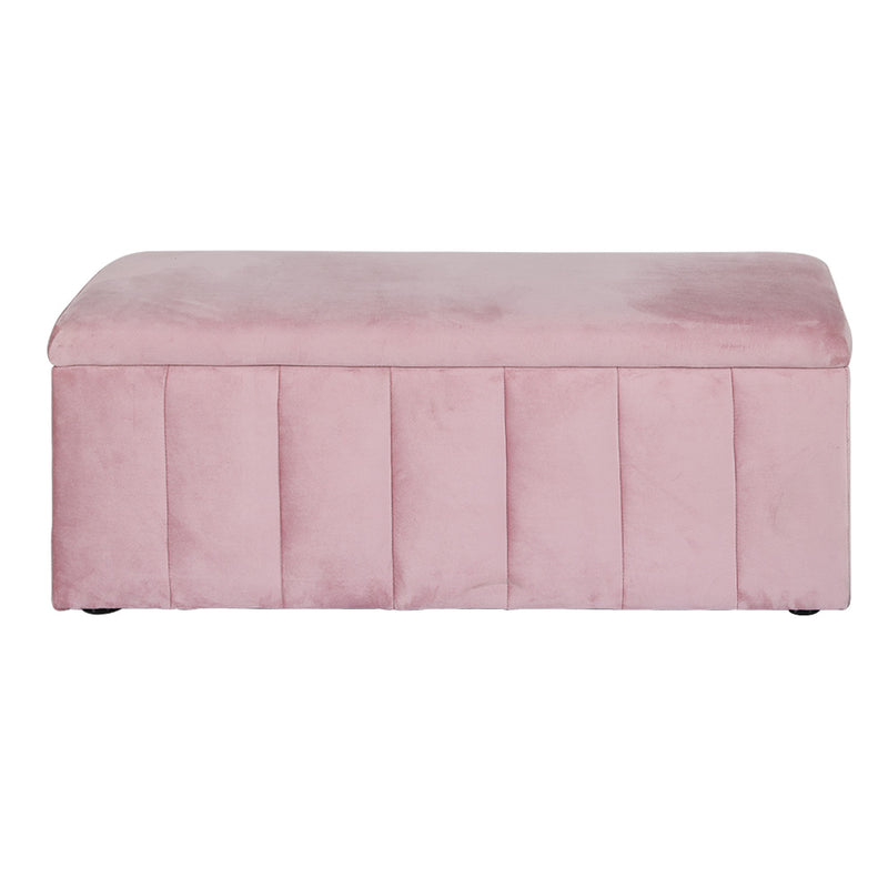 Velvet Storage Ottoman Blanket Box 103cm - Pink upholstered in soft velvet with vertical panel design for bedroom furniture storage.