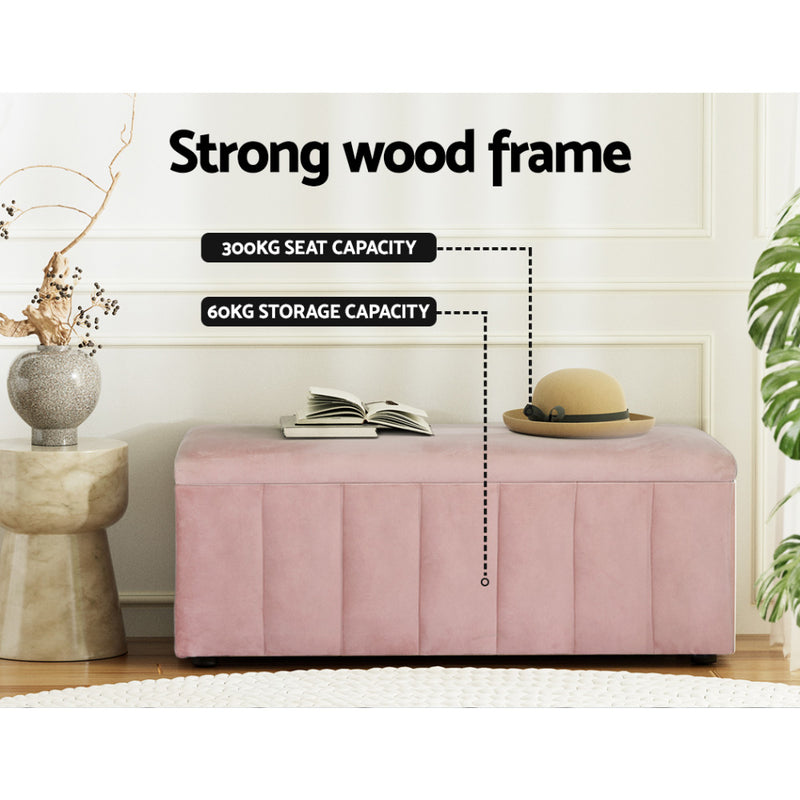 Velvet Storage Ottoman Blanket Box 103cm - Pink with strong wood frame, 300kg seat and 60kg storage capacity in bedroom setting