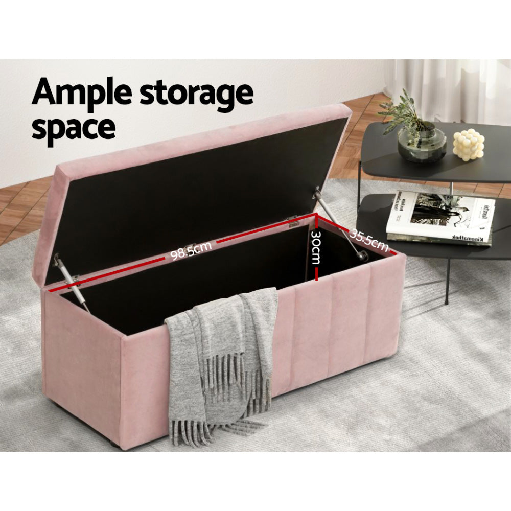 Velvet Storage Ottoman Blanket Box 103cm - Pink with ample storage space and soft velvet upholstery in bedroom setting