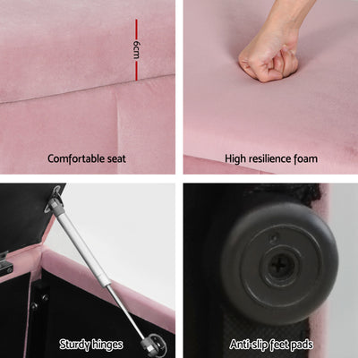 Velvet Storage Ottoman Blanket Box 103cm - Pink with cushioned seat, high resilience foam, sturdy hinges, and anti-slip feet pads