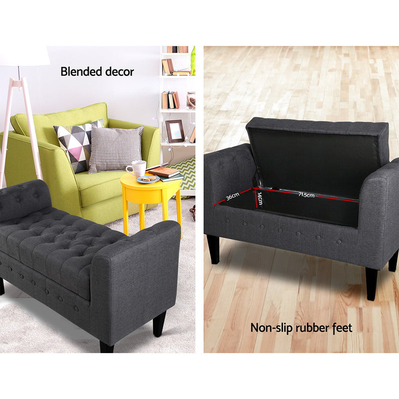 Fabric Storage Ottoman - Grey with tufted top, non-slip rubber feet, and storage compartment dimensions shown on wood floor.