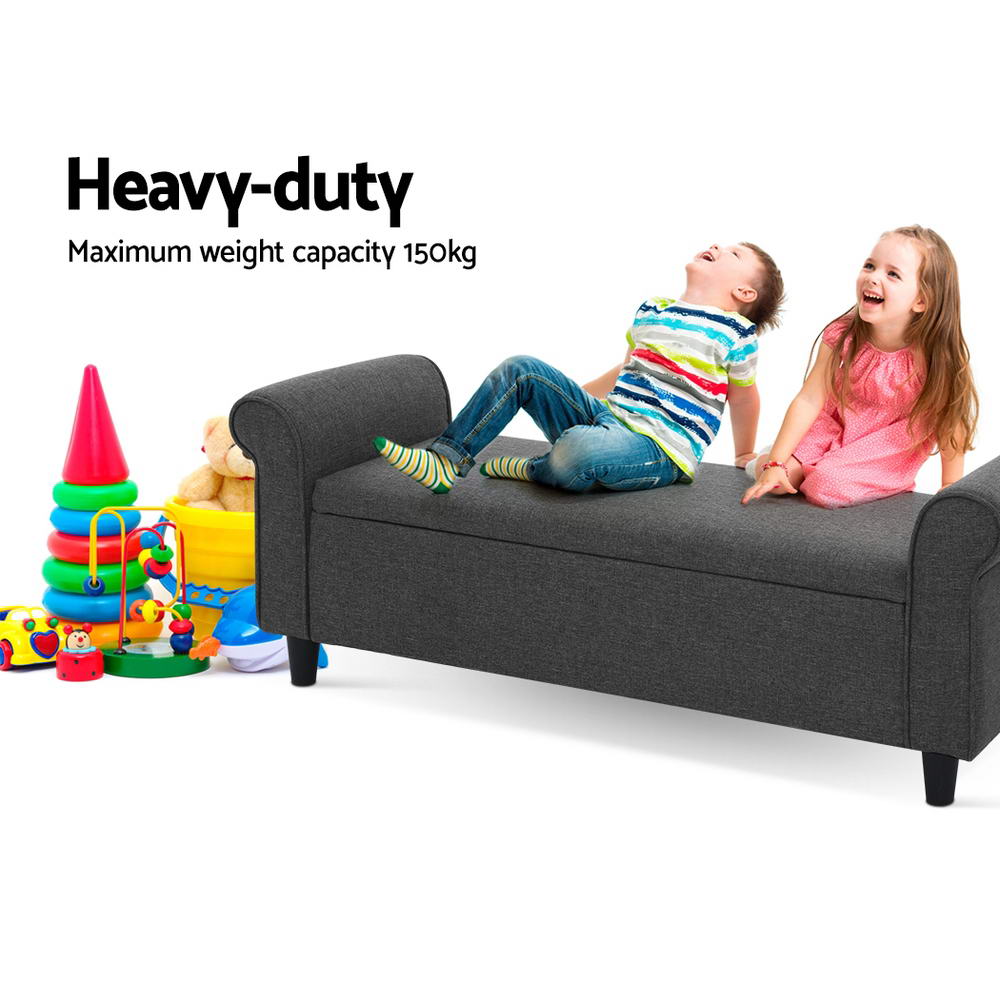 Storage Ottoman Blanket Box 126cm Linen Fabric Arm Foot Stool Couch Large in grey with children sitting and toys nearby