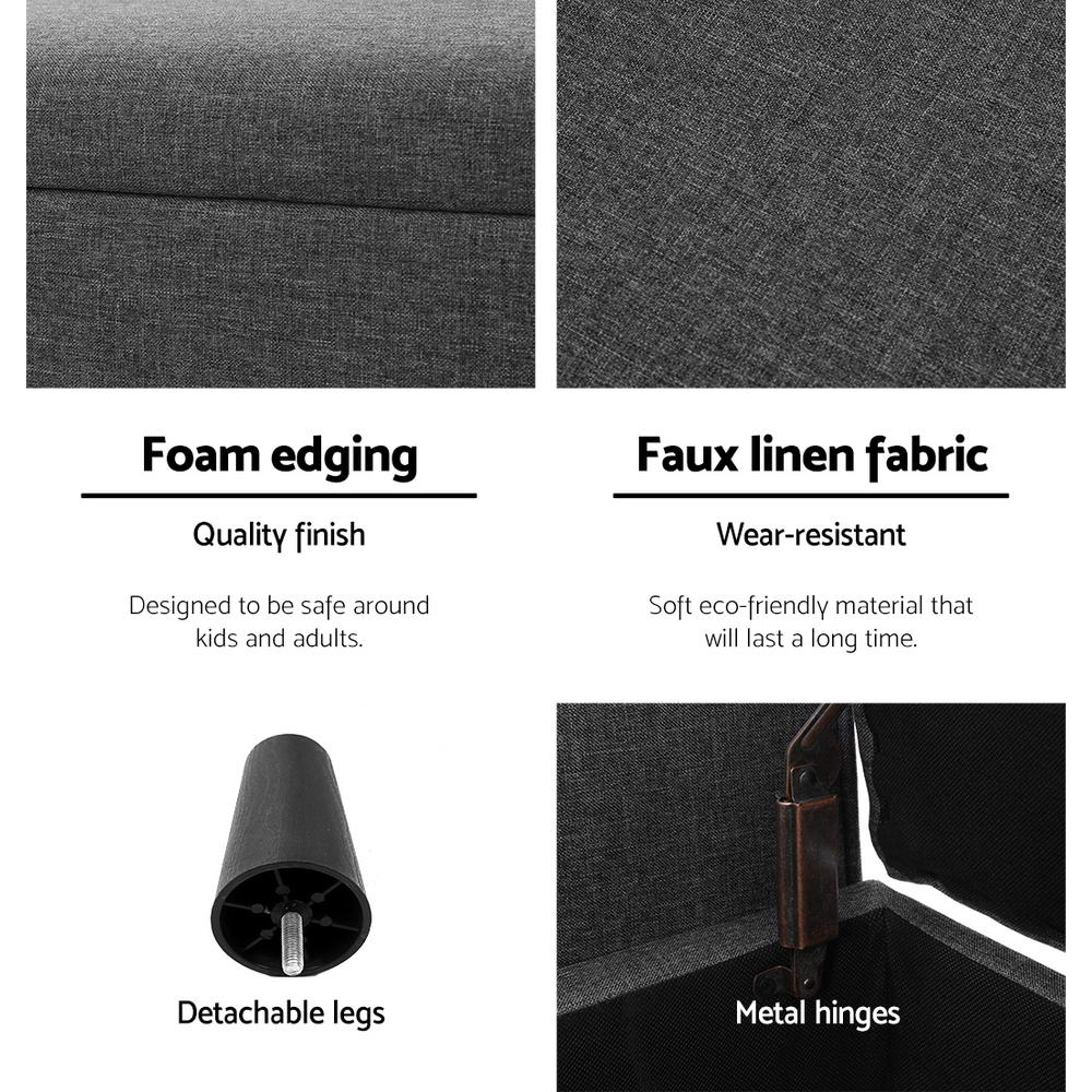 Storage Ottoman Blanket Box 126cm Linen Fabric Arm Foot Stool Couch Large showing foam edging, faux linen fabric, detachable legs, and metal hinges