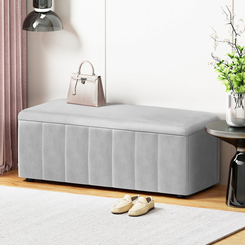 Storage Ottoman Blanket Box Velvet Grey 103cm with soft velvet upholstery in a modern living room setting
