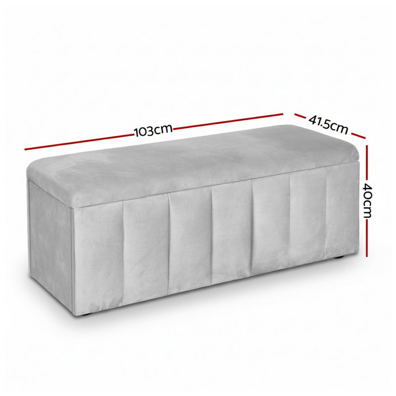 Storage Ottoman Blanket Box Velvet Grey 103cm with soft velvet upholstery and vertical panel detailing on white background
