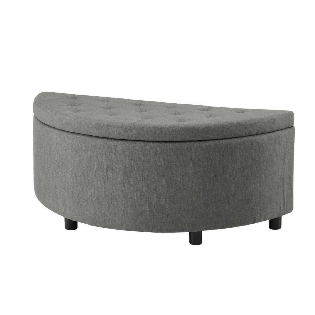 Storage Ottoman Bench Linen Fabric Tufted Half Round Footstool Grey