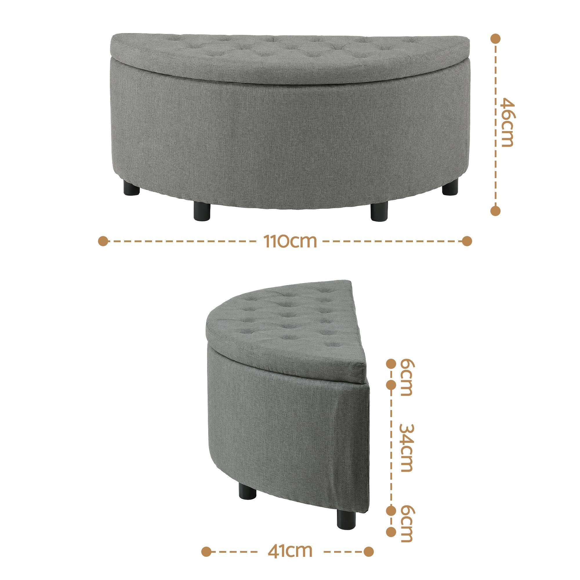 Storage Ottoman Bench Linen Fabric Tufted Half Round Footstool Grey